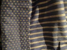 A pair of silk curtains with interlining of navy and gold design,