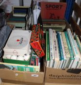 Three boxes of various Golf and other sporting books, box of golf balls,