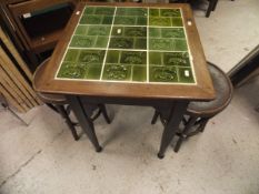 A early 20th Century stained beech bar table with glazed green tiles to top together with two