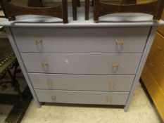A painted blue childs chest of four long drawers,