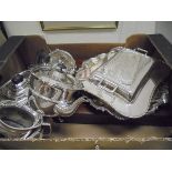 A box containing two three piece plated tea services together with a plated entree dish, salver,