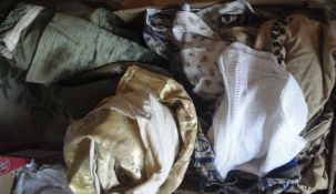 Five boxes of assorted vintage textiles to include table linens, curtains,