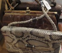 Two vintage Loewe snakeskin handbags together with two vintage crocodile skin handbags