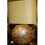 A large simulated mother of pearl crackle ware decorated table lamp and shade