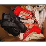 Three boxes of various shoes to include New Look, Just Fab, MBT, Nike, Vaans,