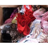 A box of assorted silk scarves, wool scarves, etc, to include Jaeger, Basler,
