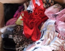 A box of assorted silk scarves, wool scarves, etc, to include Jaeger, Basler,