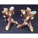 A pair of circa 1900 Continental majolica glazed pottery vases as three branches entwined