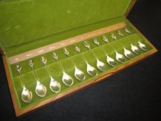 A cased set of twelve silver Royal Horticultural Society flower spoons (by John Pinches Limited -