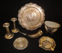 A box of assorted silver wares to include two candlesticks with stone stems and a pair of peppers