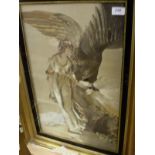 A 19th Century silk needlework study of "Lady feeding Eagle", together with a needlework study,