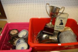 Two boxes of sundry items to include a twin-handled trophy cup, various rice bowls, hunting horn,