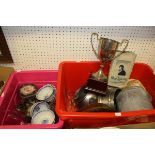 Two boxes of sundry items to include a twin-handled trophy cup, various rice bowls, hunting horn,