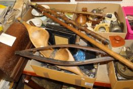 Three boxes of assorted kitchenalia, vintage tools, etc, to include stoneware jugs, salt pig,