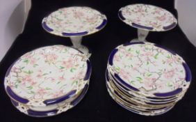 A Victorian cherry blossom and bee decorated part dessert service comprising two tazzas,