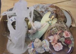 A box of various china including Royal Worcester collector's plates, china figures,