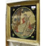 A 19th Century silk work and painted panel of a Shepherdess and sheep, verre eglomise frame,