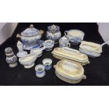 A collection of various blue and white wares to include sauce tureen cover and stand "near