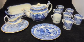 A collection of blue and white wares to include Spode prunus blossom and cracked ice decorated