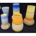 Four Shelley banded ware vases and a Shelley drip ware vase