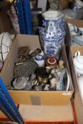 Two boxes of assorted decorative china to include various figurines, blue and white vase, etc,