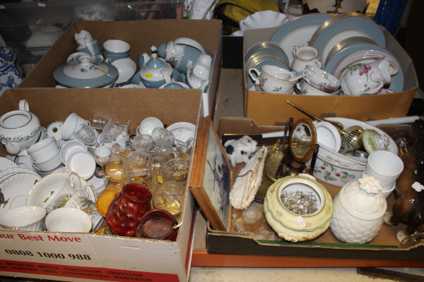 Four boxes of assorted china and glassware, etc, to include Wedgwood "Rose Elegans" pattern wares,