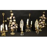 A pair of 20th Century gilt brass and porcelain candle stands with flower head decoration,