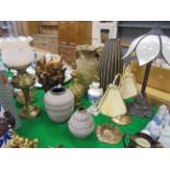 A collection of seven various table lamps, two brass pairs of wall esconces,