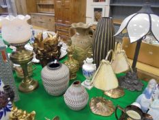 A collection of seven various table lamps, two brass pairs of wall esconces,