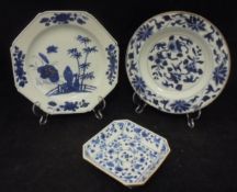 Two 19th Century Chinese blue and white plates and a Chinese blue and white square dish with canted