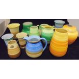 Nine Shelley banded ware vases, one with cover,