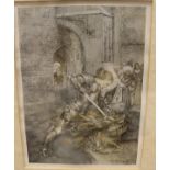 20TH CENTURY ENGLISH SCHOOL "Lady in Garden" etching initialled P.B.