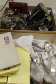 A box of assorted plated wares to include teapots, tankards, fruit baskets, etc,