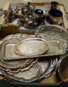 A box of assorted metal serving plates, trays, etc,