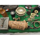 A brass cased ship's compass by Sestrel, an Indian bone and ivory inlaid casket, python skin,