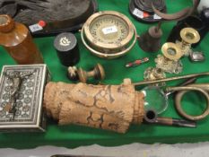 A brass cased ship's compass by Sestrel, an Indian bone and ivory inlaid casket, python skin,