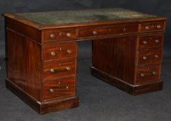 A 19th Century mahogany pedestal desk of nine drawers with green leather insert top,