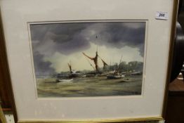 PETER TOMS "Moored Vessels at Tide Out" watercolour signed lower right