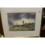 PETER TOMS "Moored Vessels at Tide Out" watercolour signed lower right