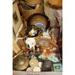 Two boxes of sundry china and glass to include a table-top globe set with various stone specimens,