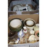 Three boxes of miscellaneous sundry china to include a Royal Doulton part tea set with pagoda style