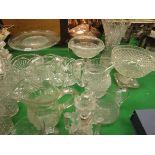 A collection of various cut and other glassware to include moulded tazza, four various fruit bowls,