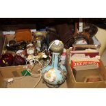 A box of various china and glass wares, Continental brass mounted porcelain table lamp,