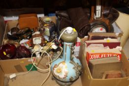 A box of various china and glass wares, Continental brass mounted porcelain table lamp,