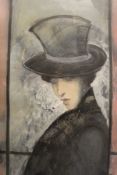 ROBERT PLIMIER "Lady dressed in black wearing top hat smoking a cigarette" oil on paper signed