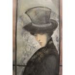 ROBERT PLIMIER "Lady dressed in black wearing top hat smoking a cigarette" oil on paper signed