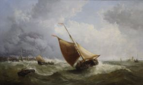 JAMES WEBB (1825-1895) "Fishing boat in rough seas by breakwater", oil on canvas,