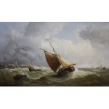 JAMES WEBB (1825-1895) "Fishing boat in rough seas by breakwater", oil on canvas,