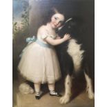 19TH CENTURY ENGLISH SCHOOL "Young girl in white dress with blue ribbon, a large dog at her side",