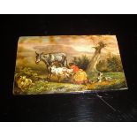 A 19th Century reverse painted oil on glass miniature study of a woman milking a goat with donkey,